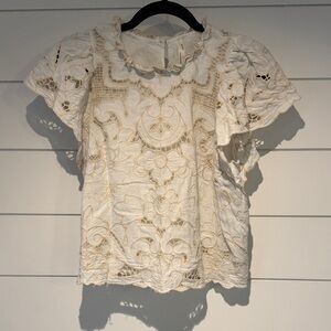 Anthropologie Cream Lace Women's Top Ruffle sleeve